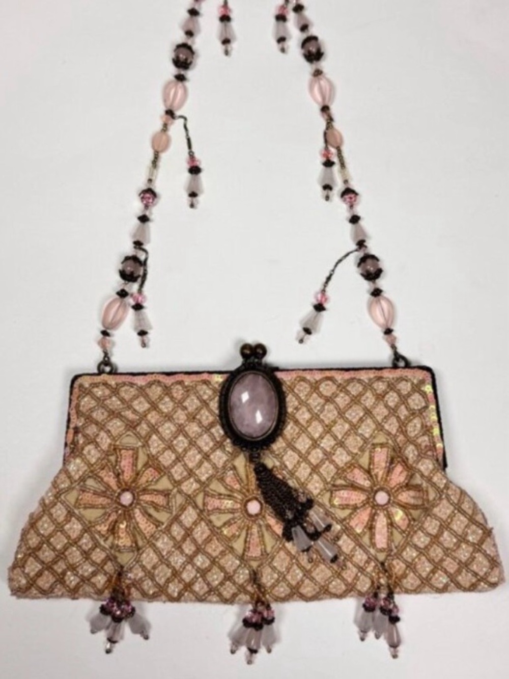 VTG Rare Todd Anthony New York Designer Beaded Evening Bag Rose Quartz Cabochon